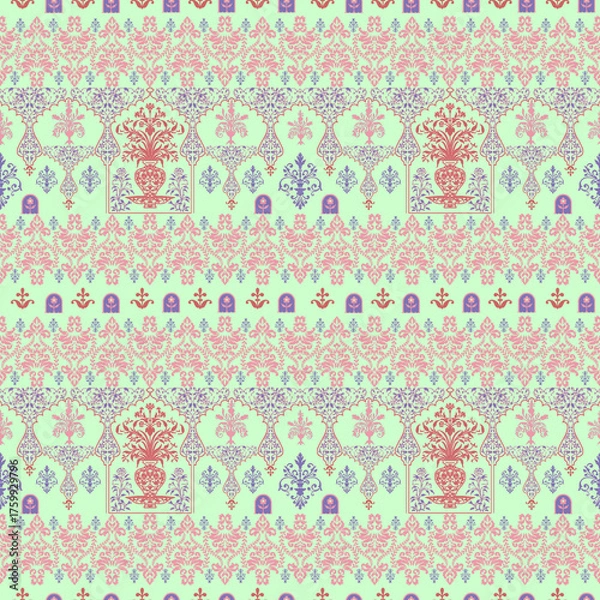 Fototapeta Seamless Ornamental Floral Pattern with Stylized Vases and Hanging Motifs in Pastel Colors