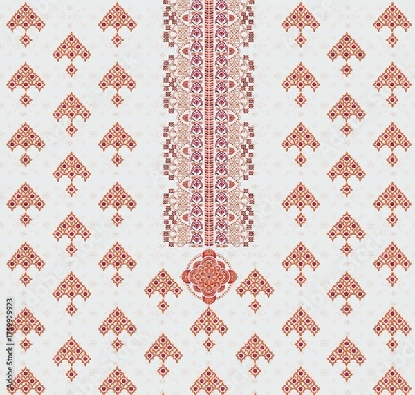 Fototapeta Red and Orange Ornamental Textile Pattern – Intricate Symmetrical Design on White Background