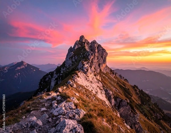 Obraz Majestic mountain peak at dawn with vibrant orange and pink sky