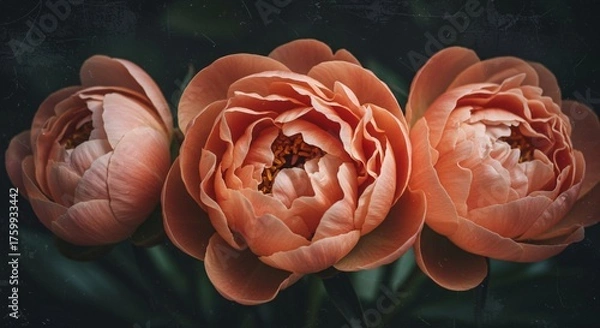 Obraz Elegant coral peonies create a romantic vintage feel, perfect for spring designs, wedding invitations, and sophisticated floral backgrounds with soft petals