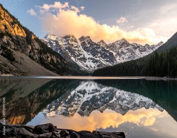 Obraz Majestic snow-capped peaks reflected in a serene lake, bathed in golden light