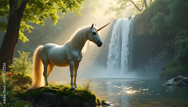 Fototapeta A beautiful white unicorn in a serene, mossy forest setting with a gentle waterfall in the background.
