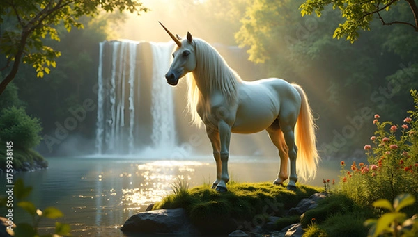 Fototapeta A graceful white unicorn is pictured in an enchanted, sunlit forest, standing on mossy ground.
