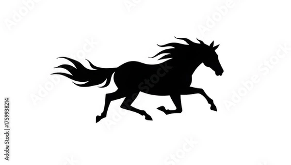 Fototapeta A minimalist black silhouette of a galloping horse, isolated on a white background. Simple and elegant.
