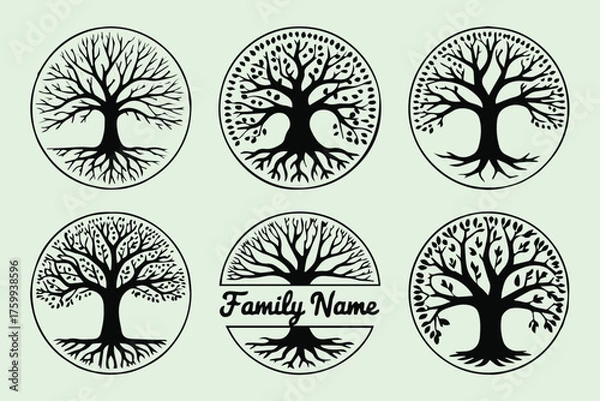 Fototapeta minimalist tree of life family crest collection circular silhouettes with roots branches customizable text