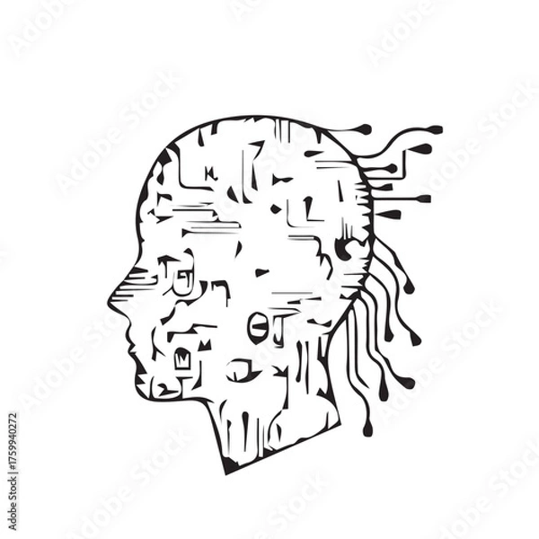 Fototapeta Abstract illustration of a human head profile with digital circuits and data flow, representing artificial intelligence, machine learning, and future cognitive technology