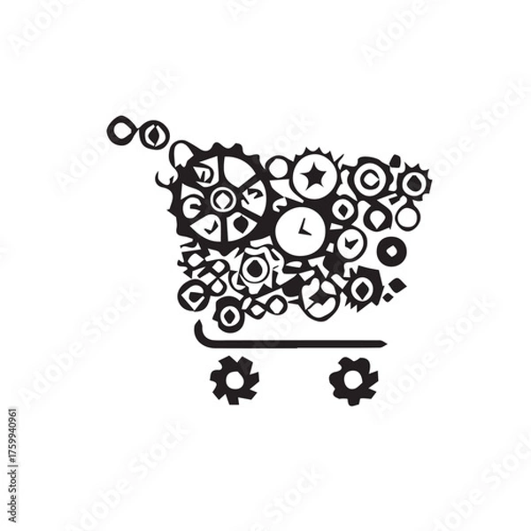 Fototapeta Shopping Cart Silhouette Composed of Intricate Gears and Mechanical Elements, Symbolizing Commerce and Industry