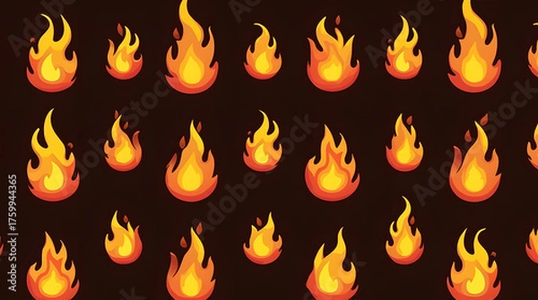 Fototapeta A seamless, tileable pattern of simple cartoon fire flames on a dark background.
