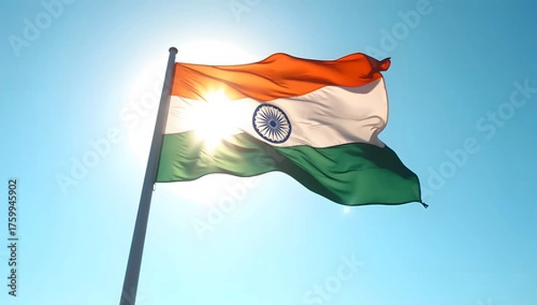 Fototapeta The Indian tricolor flag waving in the wind, set against a bright blue sky with sunlight.
