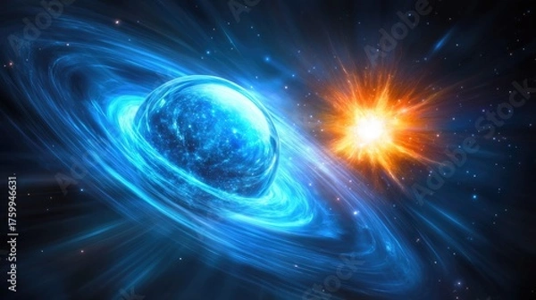 Obraz Celestial collision event planetary interaction in space digital art vibrant cosmic environment aerial viewpoint