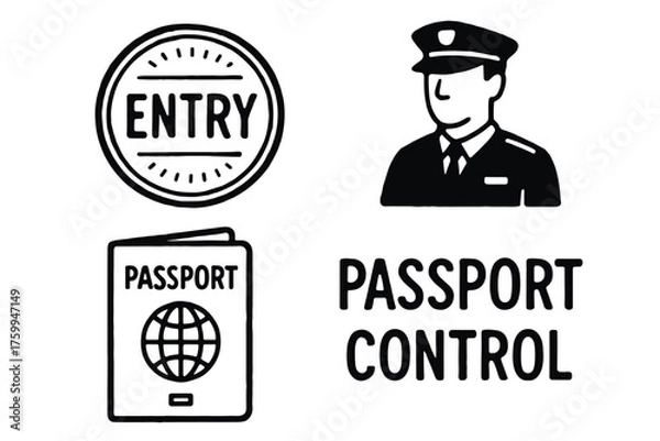 Obraz Passport control icons featuring officer, entry stamp, and passport illustration
