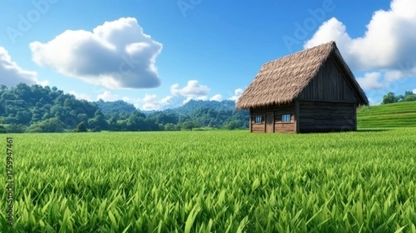 Obraz Serene cottage in lush green field nature landscape rural environment tranquil viewpoint
