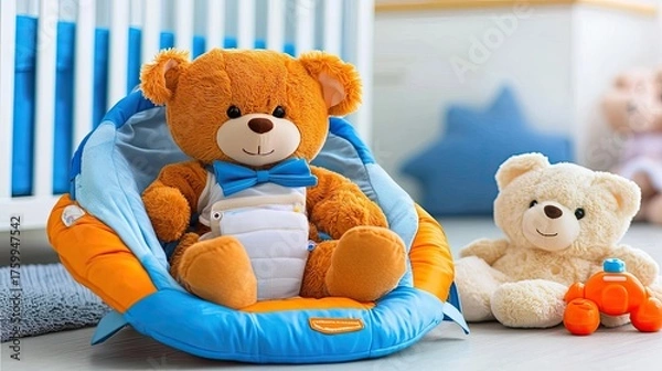 Obraz Playful teddy bear toys on a cozy nursery chair indoor baby room plush content bright environment close-up view comfort concept