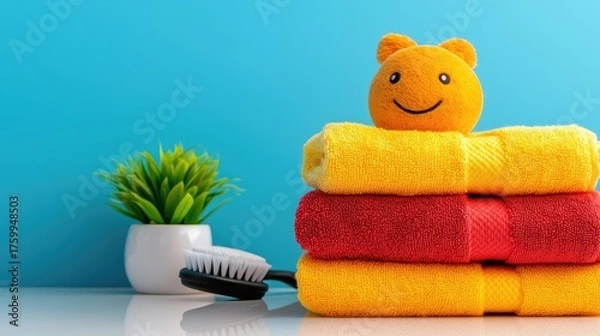 Obraz Brightly colored towels and a smiling toy in a cozy bathroom setup home photography clean environment close-up relaxation