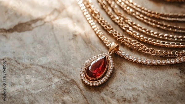 Obraz Elegant ruby pendant displayed on luxurious gold necklaces jewelry showcase delicate design close-up view glamour concept
