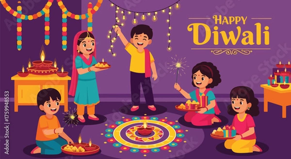 Fototapeta Cartoon illustration of happy children celebrating Diwali with sweets, sparklers, diyas, and decorations, symbolizing joy, family bonding, and festive traditions during the Indian festival of lights