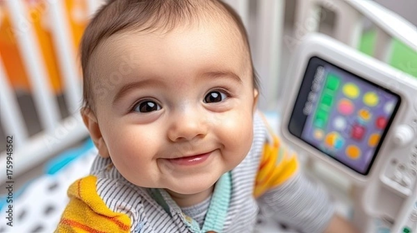 Obraz Happy baby playing with colorful toy in nursery candid photography playful environment close-up perspective