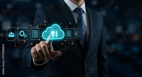 Obraz Professional taps cloud computing interface for seamless data management and collaboration, unlocking innovation in modern business technology solutions