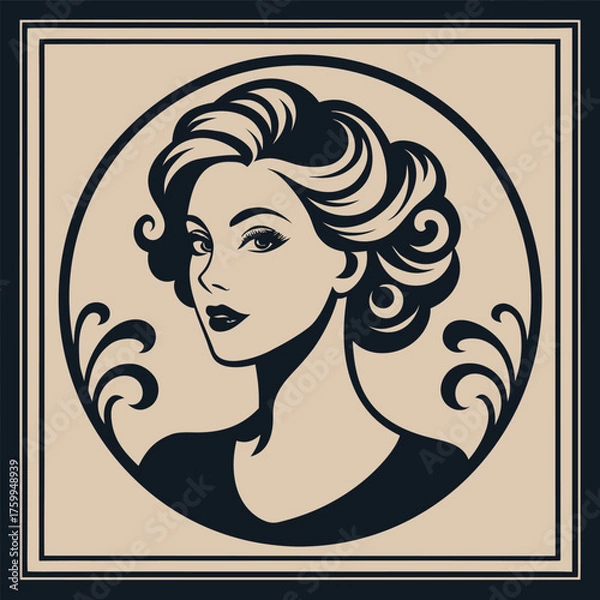 Fototapeta Female Portrait Art Deco Style in Circular Frame with Ornamental Floral Elements. Lady Face Graphic Vector Illustration. Fashion and Beauty Logo