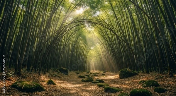Fototapeta Lush bamboo forest tunnel with light rays natural environment background