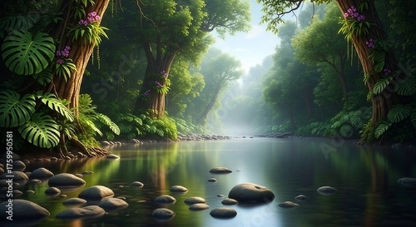 Fototapeta Lush forest landscape with calm river and mist