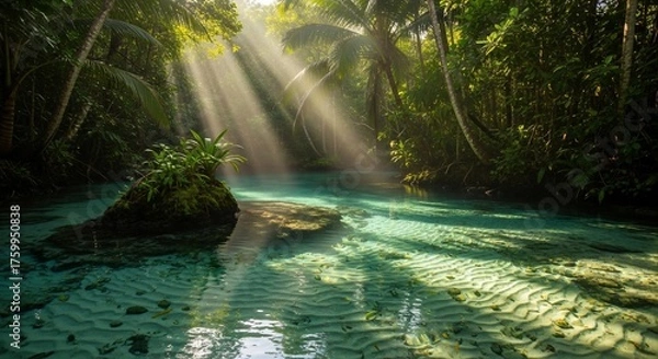 Fototapeta Lush tropical river with sunbeams through forest canopy