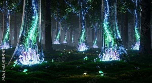 Fototapeta Magical forest with glowing crystals and trees fantasy landscape