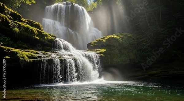 Fototapeta Majestic waterfall cascading down mossy rocks in lush forest