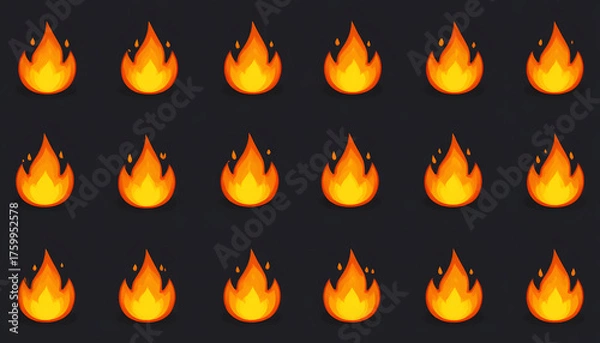 Obraz A seamless, repeating pattern of simple fire icons on a solid black background.
