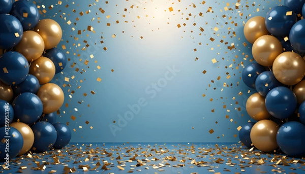 Fototapeta A festive celebration background with blue and gold balloons, and gold confetti on a gradient blue backdrop.
