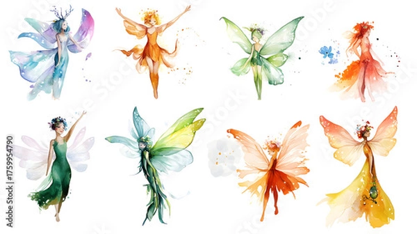 Fototapeta Colorful fairies in watercolor style, joyful and whimsical