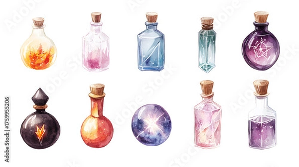 Fototapeta Colorful potion bottles in watercolor style