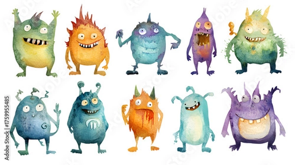 Fototapeta Colorful watercolor monsters with playful expressions
