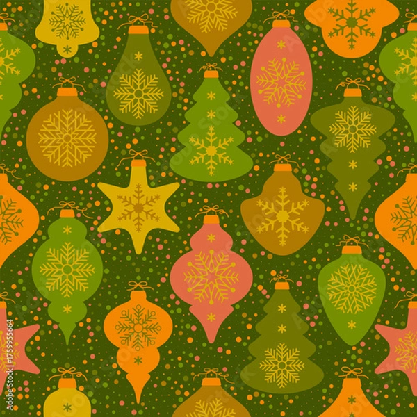 Obraz Christmas seamless pattern. Christmas ornaments and baubles. New Year decorations with different shapes. Vector vintage texture background for winter holidays, seasonal greeting design, package paper 