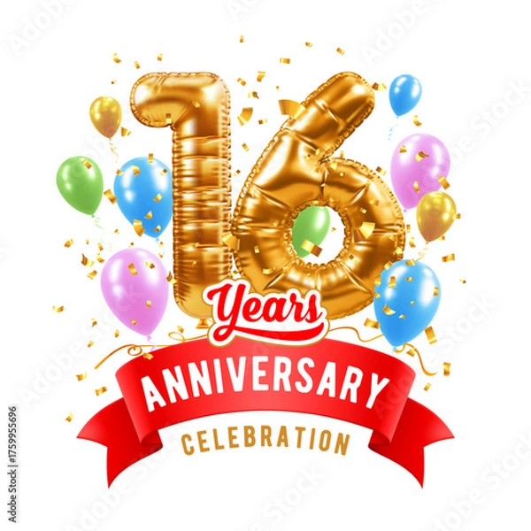 Fototapeta 16 Anniversary. Sixteen years birthday celebration. 3D realistic golden balloons shaped number 16, and red ribbon with text. Greeting template for jubilee, gala event. Isolated Vector Illustration