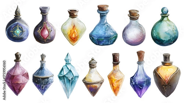 Fototapeta Colorful fantasy potion bottles with unique designs