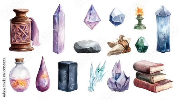 Fototapeta Mystical items and crystals in fantasy style