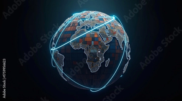 Fototapeta Global trade network concept featuring a stylized earth constructed from shipping containers, illuminated by glowing blue lines symbolizing interconnected trade routes across the continents