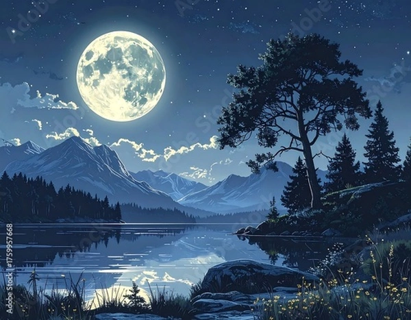 Obraz Night scene giant moon over tranquil lake and mountain range