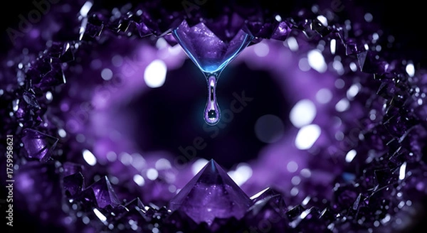 Fototapeta A mesmerizing amethyst geode with a single, luminous water droplet suspended in midair