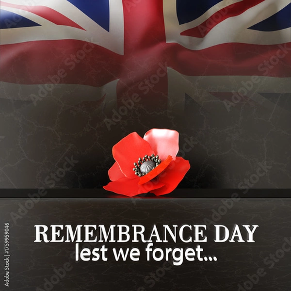 Obraz The remembrance poppy - poppy appeal. Poppy flower on marble stone against the sunset with Great Britain flag. Remembrance Day, Memorial Day concept