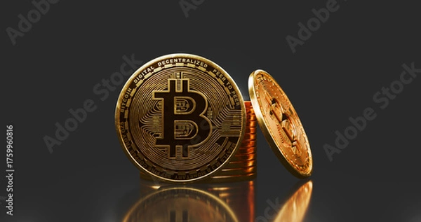 Obraz Two Bitcoin Coins Standing On Reflective Surface