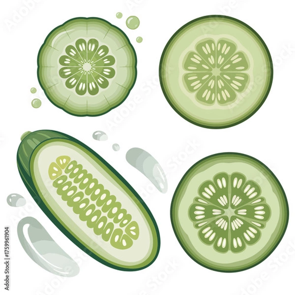 Obraz Fresh cucumber slices and whole cucumber pieces with water splashes for healthy food preparation