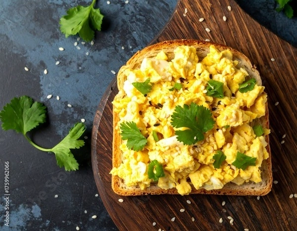 Obraz Open-faced sandwich of scrambled eggs on toast, garnished with herbs