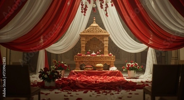 Obraz Elegant Hindu wedding mandap adorned with red and white fabrics and flowers, perfect for cultural events and celebrations filled with love and vibrant color