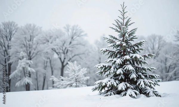 Fototapeta delicate monochromatic pine tree serene pastel gray winter