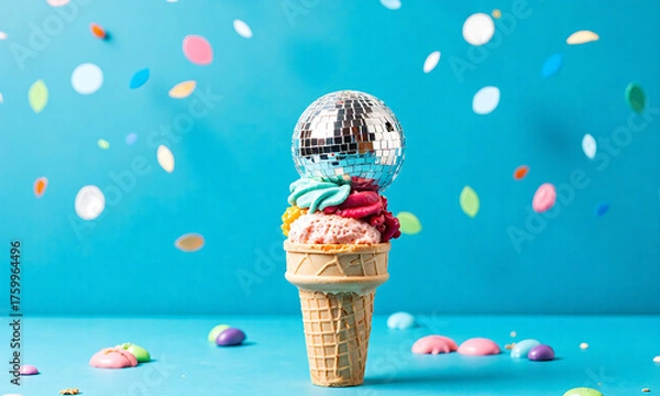 Fototapeta sparkling disco ball rests atop colorful ice cream cone vibrant bright blue backdrop minimal party