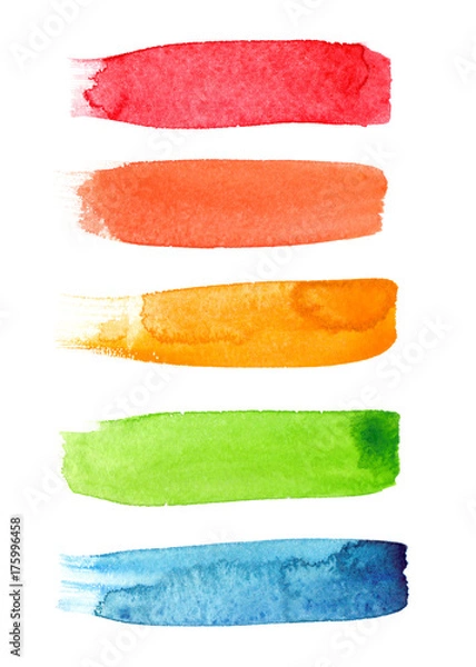 Fototapeta Set of five colorful brush strokes painted in watercolor on clean white background