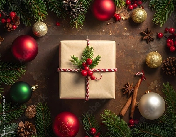 Obraz Overhead shot of festive holiday gift with adornments on a rustic surface