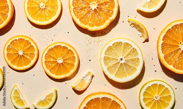 Fototapeta vibrant flat lay features orange citrus slices soft sandy backdrop warm natural